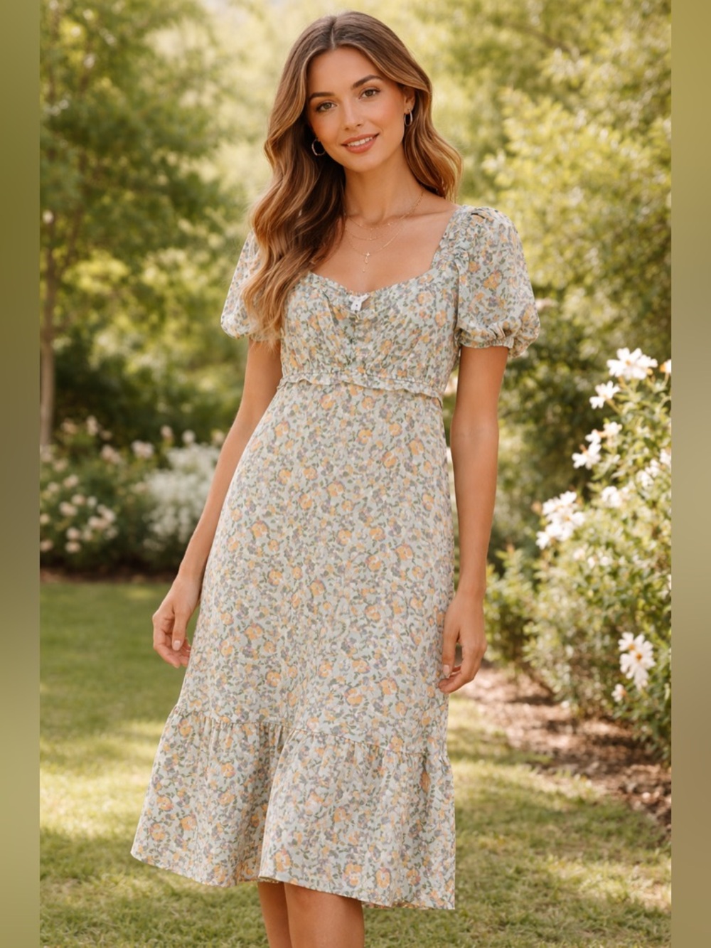 By the River Floral Puff-Sleeve Midi Dress Women’s Size Medium Multicolored